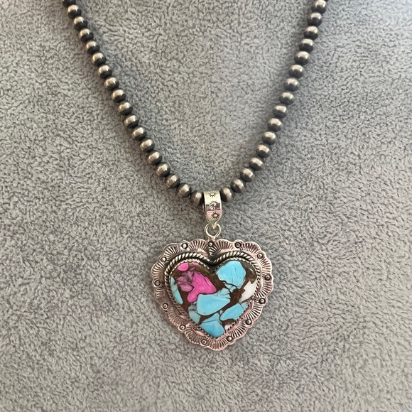 ❤️ Cotton Candy Turquoise Heart Statement Navajo Sterling Pendant 14 Gm / 2.03”L - Picture 3 of 12
